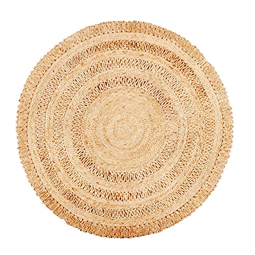 100% Jute Area Rug 4’- Hand Crafted Natural Fiber- Vintage Collection- Eco Friendly Carpet- Farmhouse Indoor Beautiful Style for Living & Bedroom- Braided Carpet for Accent Floor Coverings(Round)