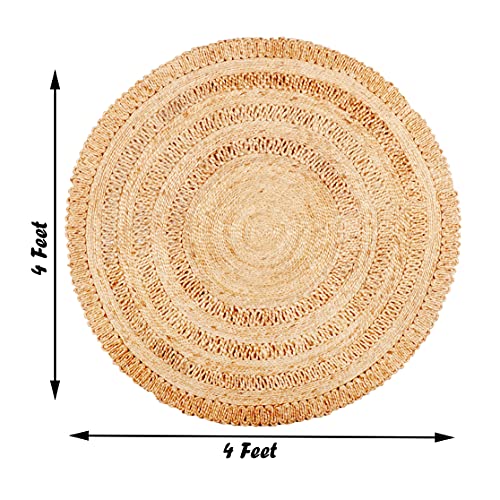 100% Jute Area Rug 4’- Hand Crafted Natural Fiber- Vintage Collection- Eco Friendly Carpet- Farmhouse Indoor Beautiful Style for Living & Bedroom- Braided Carpet for Accent Floor Coverings(Round)