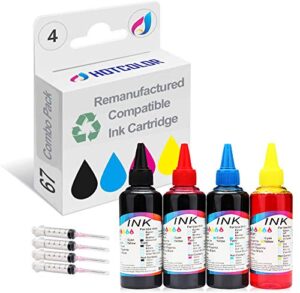 hotcolor ink refill kit 100ml for hp 67 ink refill kit 67xl for envy 6052 6055 deskjet 1255 2752 envy pro 6452 6455 6458(1bk/1c/1y/1m, 4pack)