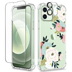 gviewin for iphone 12 case and iphone 12 pro case with screen protector + camera lens protector, clear floral flexible tpu shockproof women girls flower pattern phone case 6.1"(abundant blossom/white)