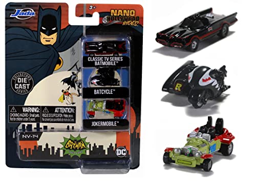 Jada Toys Nano Hollywood Rides Batman 1966 Classic TV Series 3 PK, Black,olive