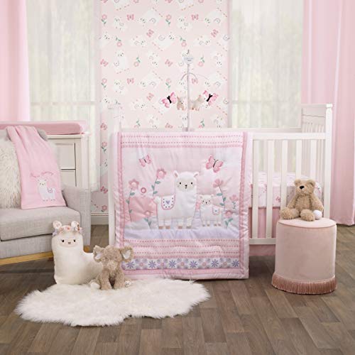 NoJo Little Love Sweet Llama & Butterflies Floral Pink & Purple 3Piece Crib Bedding Set - Comforter, Crib Sheet & Dust Ruffle, Pink, Ivory, Lavender, Light Green (6677276P)