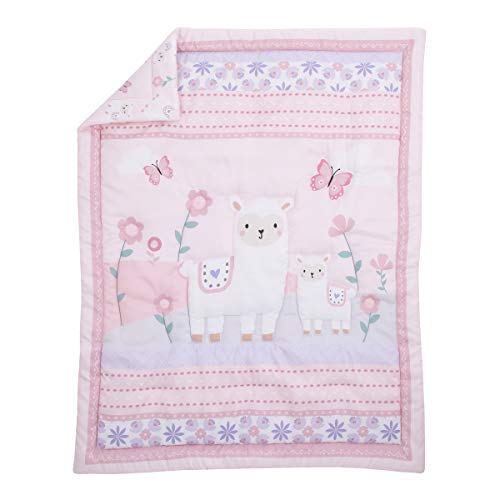 NoJo Little Love Sweet Llama & Butterflies Floral Pink & Purple 3Piece Crib Bedding Set - Comforter, Crib Sheet & Dust Ruffle, Pink, Ivory, Lavender, Light Green (6677276P)