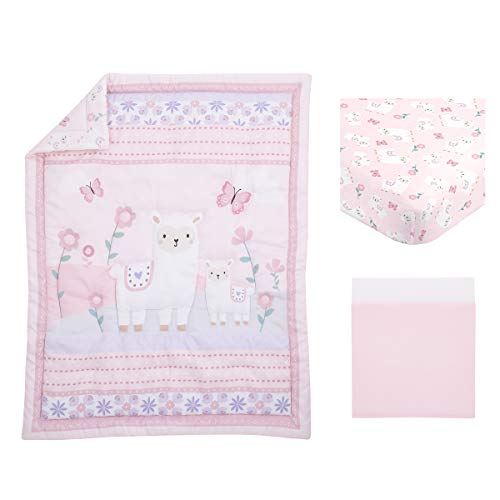 NoJo Little Love Sweet Llama & Butterflies Floral Pink & Purple 3Piece Crib Bedding Set - Comforter, Crib Sheet & Dust Ruffle, Pink, Ivory, Lavender, Light Green (6677276P)