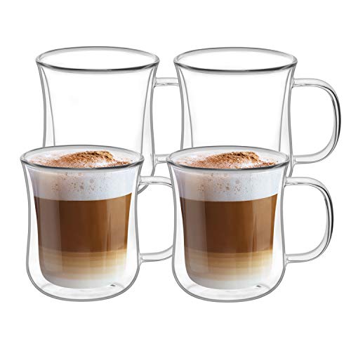 ComSaf Double Walled Glass Coffee Mugs (8oz/250ml), Thermal Insulated Borosilicate Glass Cups with Handle for Tea, Coffee, Latte, Cappuccino, Hot and Cold Drinks Beverages, Pack of 4