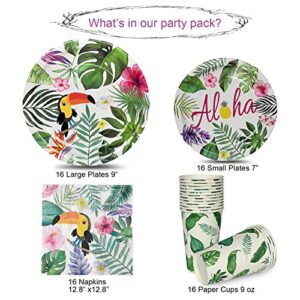 HIPEEWO Hawaiian Aloha Party Decorations - Luau Tropical Party Supplies, Including Plates, Napkins, Hawaiian Theme Cups for Tiki Summer Pool and Tropical Birthday Party Serves 16 Guests 64 PCS