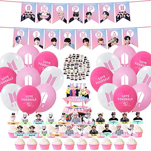 BTS Birthday Party Supplies Include 22 Cake Topper Cupcake Toppers, Birthday Banner, 21 Balloons. 40 Stickers BTS Birthday Party Supplies Include 22 Cake Topper Cupcake Toppers, Birthday Banner, 21 Balloons. 40 Stickers BTS Birthday Party Supplies Include