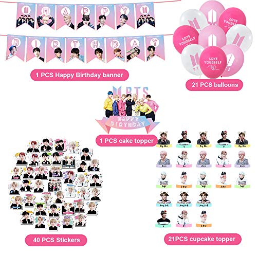 BTS Birthday Party Supplies Include 22 Cake Topper Cupcake Toppers, Birthday Banner, 21 Balloons. 40 Stickers BTS Birthday Party Supplies Include 22 Cake Topper Cupcake Toppers, Birthday Banner, 21 Balloons. 40 Stickers BTS Birthday Party Supplies Include
