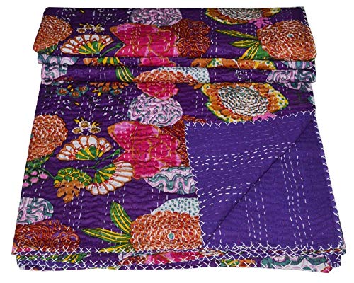 MAVISS HOMES Indian Handmade Floral Printed Cotton Kantha Quilt | Throw Blanekt Bedspreaed | Vintage Quilt | Home Decore; Multicolour