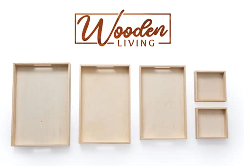 Wooden Living - Serving Tray/Wooden Trays with Handles and Small Wood Boxes Set (Unfinished) | for Montessori Activity, Art/Crafts, Painting, Restaurant Food, Decorative, Coffee Table | 5 Pieces