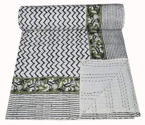 maviss homes indian hand block printed queen kantha quilt | pure cotton vintage kantha throw blanket |traditional print | super soft cozy vibe blanket; white