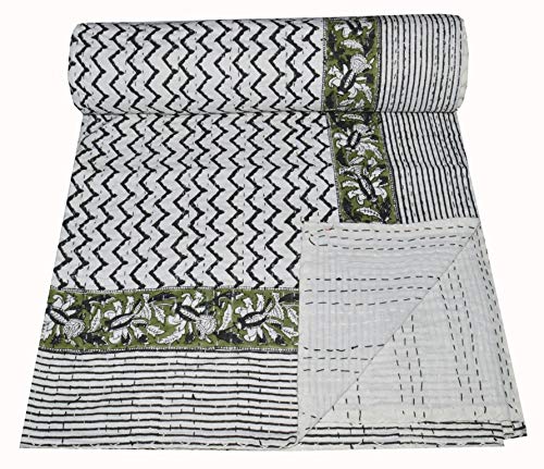 MAVISS HOMES Indian Hand Block Printed Queen Kantha Quilt | Pure Cotton Vintage Kantha Throw Blanket |Traditional Print | Super Soft Cozy Vibe Blanket; White