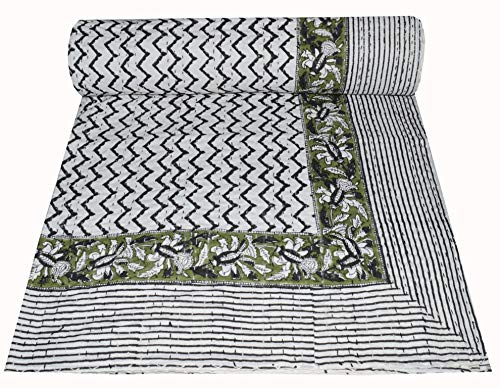 MAVISS HOMES Indian Hand Block Printed Queen Kantha Quilt | Pure Cotton Vintage Kantha Throw Blanket |Traditional Print | Super Soft Cozy Vibe Blanket; White