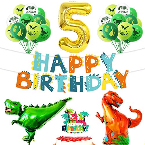 Happy 5th Birthday Balloons Set Dinosaur Themed Decoration – Dino Happy Birthday Banner and Cake Topper Party Supplies