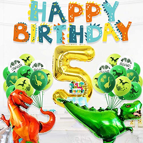 Happy 5th Birthday Balloons Set Dinosaur Themed Decoration – Dino Happy Birthday Banner and Cake Topper Party Supplies