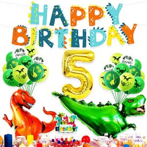 Happy 5th Birthday Balloons Set Dinosaur Themed Decoration – Dino Happy Birthday Banner and Cake Topper Party Supplies