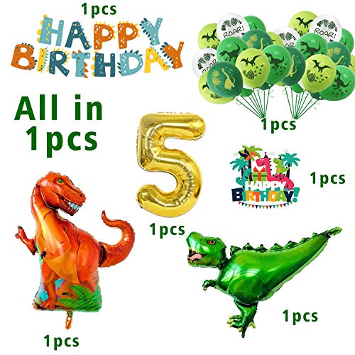 Happy 5th Birthday Balloons Set Dinosaur Themed Decoration – Dino Happy Birthday Banner and Cake Topper Party Supplies