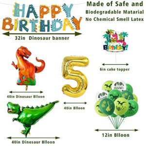 Happy 5th Birthday Balloons Set Dinosaur Themed Decoration – Dino Happy Birthday Banner and Cake Topper Party Supplies