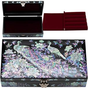 february mountain mother of pearl jewelry organizer box - handmade large wooden box romantic anniversary birthday gifts for women (peacock)