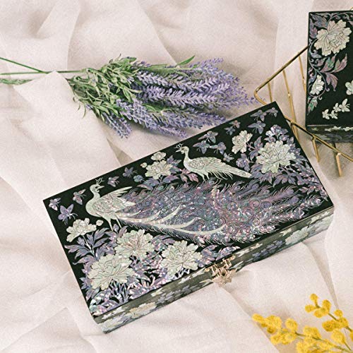 February Mountain Mother of Pearl Jewelry Organizer box - Handmade Large Wooden Box Romantic Anniversary Birthday Gifts for women (Peacock)