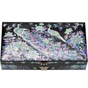 February Mountain Mother of Pearl Jewelry Organizer box - Handmade Large Wooden Box Romantic Anniversary Birthday Gifts for women (Peacock)