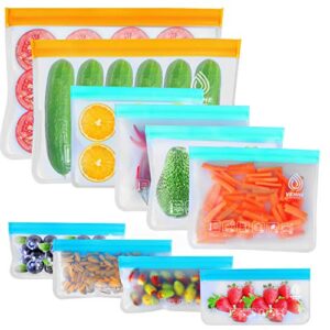 vehhe 10 pack reusable storage bags, 2 reusable food freezer bags + 4 reusable sandwich bags washable + 4 snack bags extra thick silicone free lunch bags for marinate food vegetable meat fruit