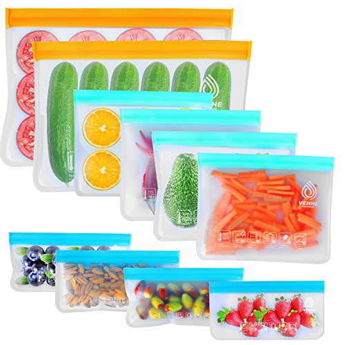 VEHHE 10 Pack Reusable Storage Bags, 2 Reusable Food Freezer Bags + 4 Reusable Sandwich Bags Washable + 4 Snack Bags Extra Thick Silicone Free Lunch Bags For Marinate Food Vegetable Meat Fruit