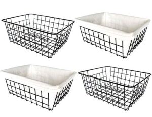 wire storage baskets, 4 pack metal household organizer with 2 pcs fabric liners, refrigerator bin with handles, for pantry, shelf, freezer, kitchen cabinet, bathroom, countertop, closets (black)