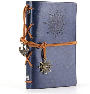 leather travel journal writing notebook, classic embossed vintage nautical spiral blank string refillable diary notepad sketchbook to write in, unlined paper, retro pendants (7.3” x5”, deep blue)