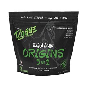 rogue pet science origins 5-in-1 horse supplement - pelleted equine food topper w/natural omega 3 fish oil - supports gut health, ulcer relief & joints-helps allergies, skin and coat health (5 lbs)