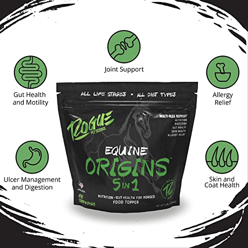 ROGUE PET SCIENCE Origins 5-in-1 Horse Supplement - Pelleted Equine Food Topper w/Natural Omega 3 Fish Oil - Supports Gut Health, Ulcer Relief & Joints-Helps Allergies, Skin and Coat Health (5 lbs)