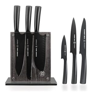 schmidt brothers - jet black series 7-piece kitchen knife set, high-carbon german stainless steel cutlery, pure matte black titanium finish with clear acrylic magnetic knife block