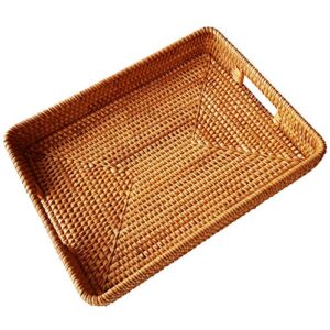 17 inch oversize handmade serving tray, rectangular trays with cutout handles and 2.3”wall, decorative rattan storage baskets woven organizer plate tray for bread, fruits，catch all dish, xl, brown