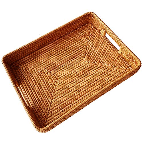 17 Inch Oversize Handmade Serving Tray, Rectangular Trays with Cutout Handles and 2.3”Wall, Decorative Rattan Storage Baskets Woven Organizer Plate Tray For Bread, Fruits，Catch All Dish, XL, Brown