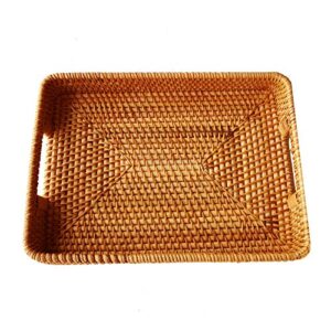 17 Inch Oversize Handmade Serving Tray, Rectangular Trays with Cutout Handles and 2.3”Wall, Decorative Rattan Storage Baskets Woven Organizer Plate Tray For Bread, Fruits，Catch All Dish, XL, Brown