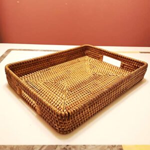 17 Inch Oversize Handmade Serving Tray, Rectangular Trays with Cutout Handles and 2.3”Wall, Decorative Rattan Storage Baskets Woven Organizer Plate Tray For Bread, Fruits，Catch All Dish, XL, Brown