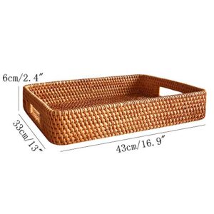 17 Inch Oversize Handmade Serving Tray, Rectangular Trays with Cutout Handles and 2.3”Wall, Decorative Rattan Storage Baskets Woven Organizer Plate Tray For Bread, Fruits，Catch All Dish, XL, Brown