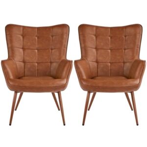 yaheetech faux leather chair upholstered living room chairs accent armchair with tapered legs tufted sofa chairs for home office/dining room/bedroom brown, set of 2