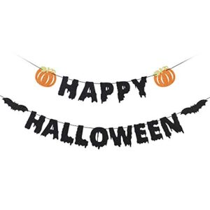 happy halloween with pumpkin banner - halloween party banner for haunted houses doorways indoor outdoor home mantle decorations supplies (black glittery )