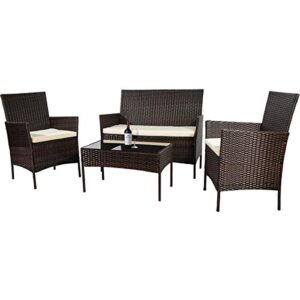 4 pieces outdoor furniture set patio rattan conversation furniture set all-weather wicker bistro set comfortable chairs and coffee table outdoor indoor use patio poolside backyard garden (brown)