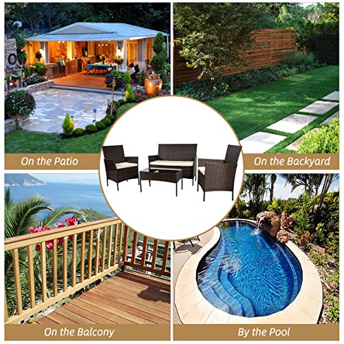4 Pieces Outdoor Furniture Set Patio Rattan Conversation Furniture Set All-Weather Wicker Bistro Set Comfortable Chairs and Coffee Table Outdoor Indoor Use Patio Poolside Backyard Garden (Brown)