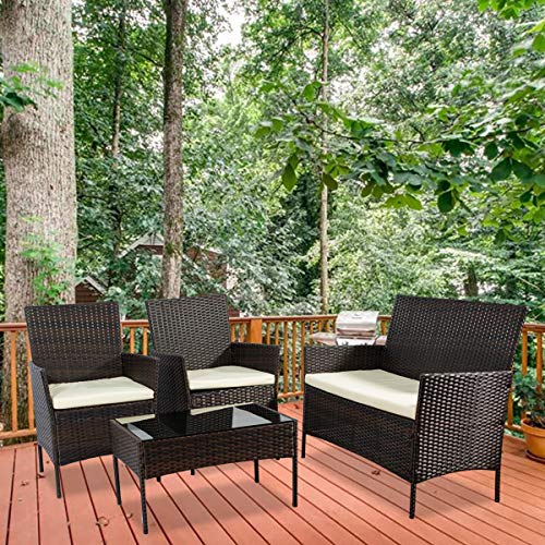 4 Pieces Outdoor Furniture Set Patio Rattan Conversation Furniture Set All-Weather Wicker Bistro Set Comfortable Chairs and Coffee Table Outdoor Indoor Use Patio Poolside Backyard Garden (Brown)