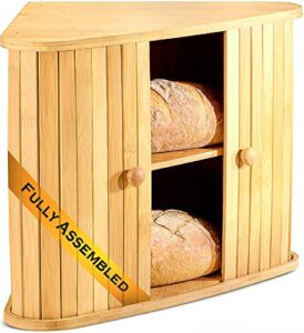 klee wooden bread box | bamboo bread holder | corner bread keeper storage box, fully assembled