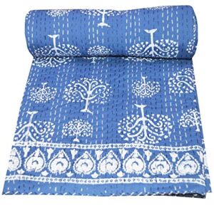 maviss homes hand block with tree print kantha quilt | queen size | cotton vintage kantha throw blanket bedspread| home decore | super soft cozy vibe blanket; blue