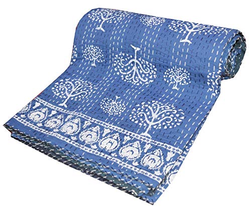 MAVISS HOMES Hand Block with Tree Print Kantha Quilt | Queen Size | Cotton Vintage Kantha Throw Blanket Bedspread| Home Decore | Super Soft Cozy Vibe Blanket; Blue
