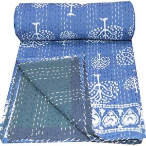 MAVISS HOMES Hand Block with Tree Print Kantha Quilt | Queen Size | Cotton Vintage Kantha Throw Blanket Bedspread| Home Decore | Super Soft Cozy Vibe Blanket; Blue