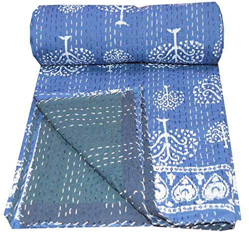 MAVISS HOMES Hand Block with Tree Print Kantha Quilt | Queen Size | Cotton Vintage Kantha Throw Blanket Bedspread| Home Decore | Super Soft Cozy Vibe Blanket; Blue
