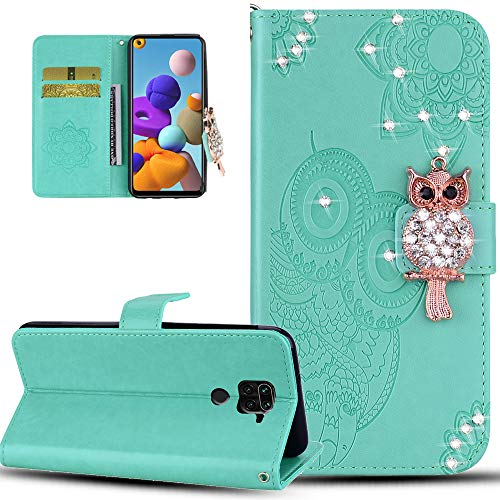 COTDINFORCA Compatible with Xiaomi Redmi Note 9 Case Glitter Wallet Case Leather with Card Slots Flip Case for Women Crystal Owl Embossing Shockproof Case for Xiaomi Redmi Note 9 Green YK