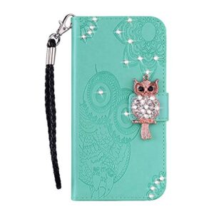 COTDINFORCA Compatible with Xiaomi Redmi Note 9 Case Glitter Wallet Case Leather with Card Slots Flip Case for Women Crystal Owl Embossing Shockproof Case for Xiaomi Redmi Note 9 Green YK