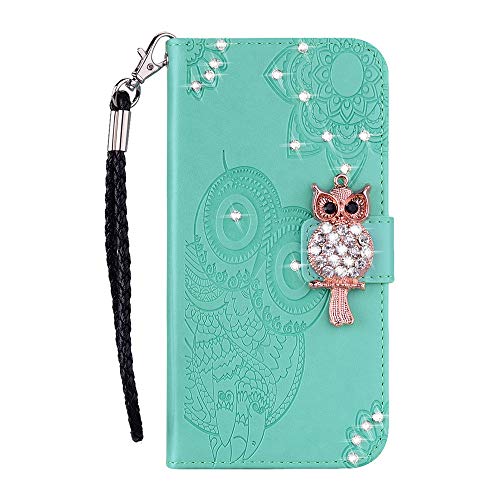 COTDINFORCA Compatible with Xiaomi Redmi Note 9 Case Glitter Wallet Case Leather with Card Slots Flip Case for Women Crystal Owl Embossing Shockproof Case for Xiaomi Redmi Note 9 Green YK